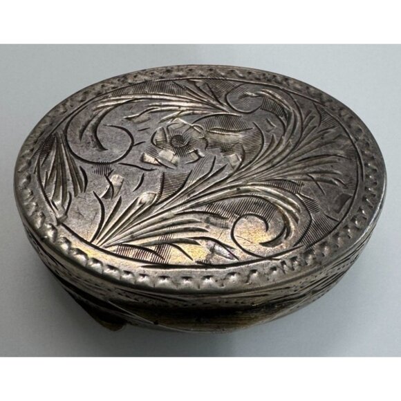 Italian Hand-Engraved Sterling Silver Oval Trinket Pill Box With Floral & Leaf - Picture 1 of 8
